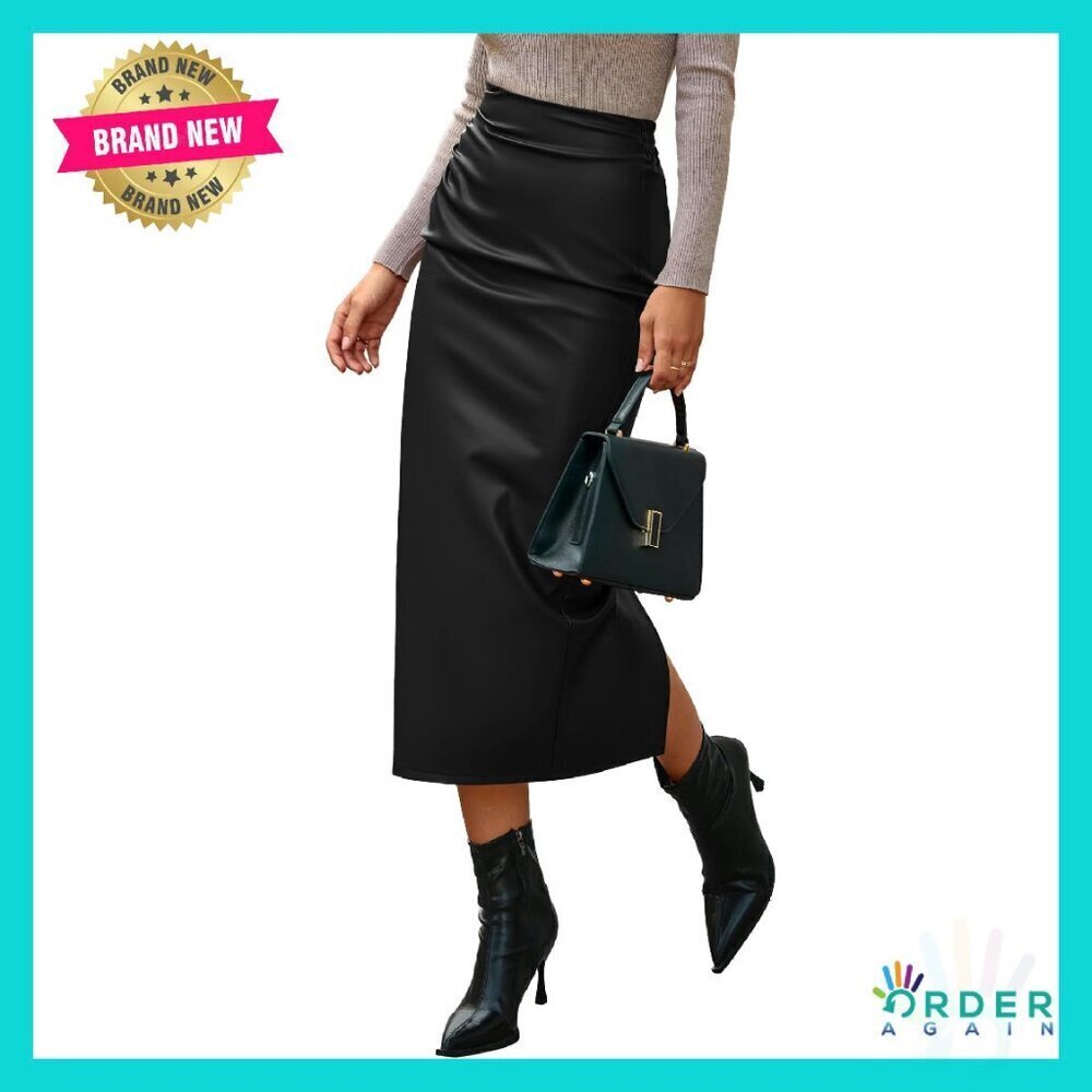 Leather Pencil Skirt Bodycon Midi Chic Elegant Work Casual Back Slit - Picture 1 of 8